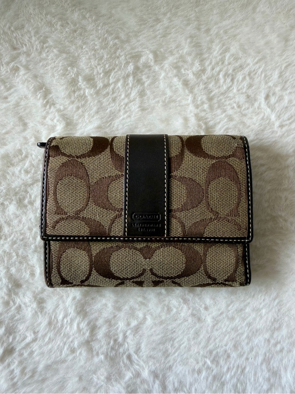 Coach Brown Signature Jacquard Trifold Wallet with Dark Leather Trim
